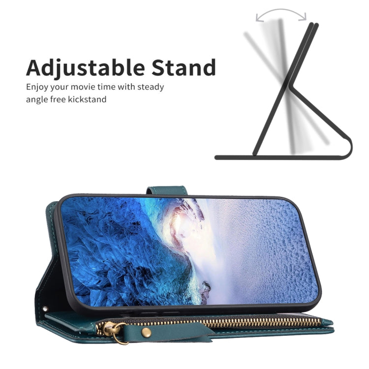 For iPhone 14 Plus 9 Card Slots Zipper Wallet Leather Flip Phone Case(Green)