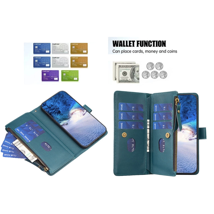 For iPhone 14 Plus 9 Card Slots Zipper Wallet Leather Flip Phone Case(Green)