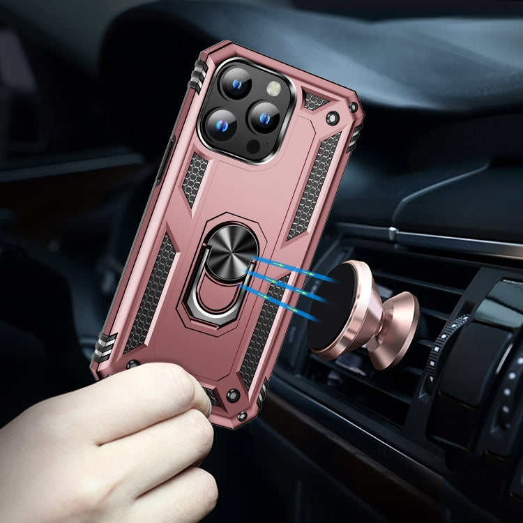 For iPhone 15 Pro Shockproof TPU  PC Phone Case with Holder(Rose Gold)