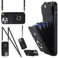 For iPhone 14 Pro Max Rhombic Texture Card Bag Phone Case with Long Lanyard(Black)