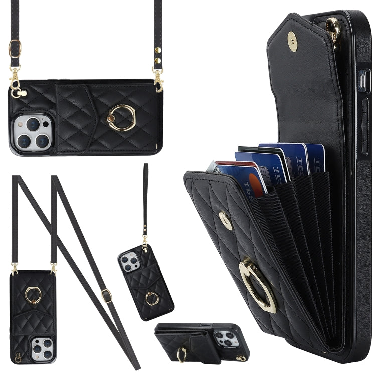 For iPhone 14 Pro Max Rhombic Texture Card Bag Phone Case with Long Lanyard(Black)
