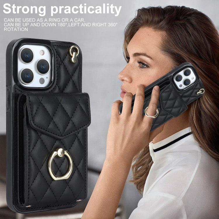 For iPhone 14 Pro Max Rhombic Texture Card Bag Phone Case with Long Lanyard(Black)