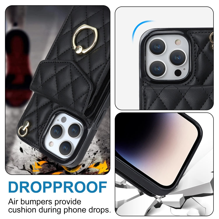 For iPhone 14 Pro Max Rhombic Texture Card Bag Phone Case with Long Lanyard(Black)