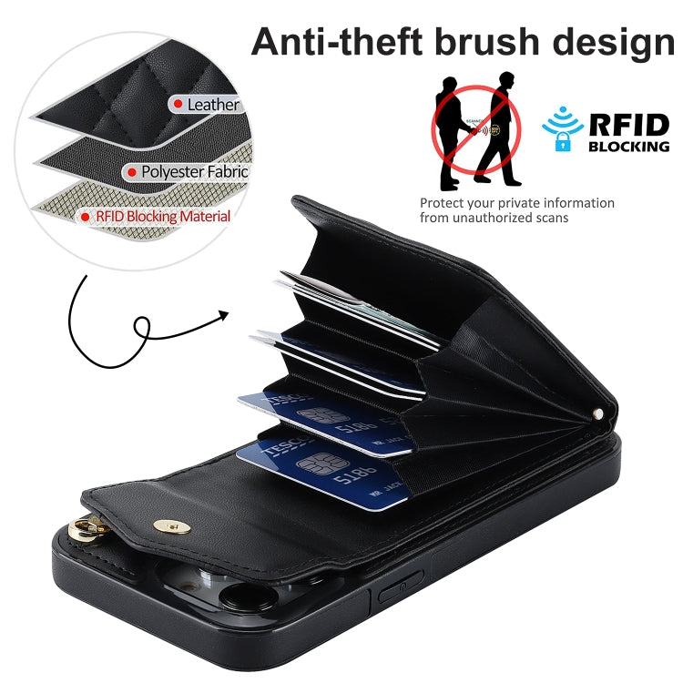 For iPhone 14 Pro Max Rhombic Texture Card Bag Phone Case with Long Lanyard(Black)