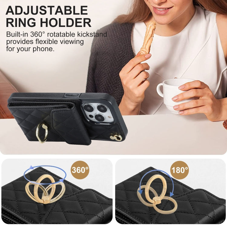 For iPhone 14 Pro Max Rhombic Texture Card Bag Phone Case with Long Lanyard(Black)