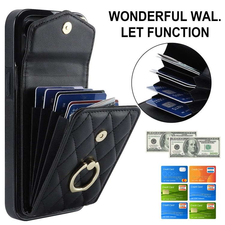 For iPhone 14 Pro Max Rhombic Texture Card Bag Phone Case with Long Lanyard(Black)