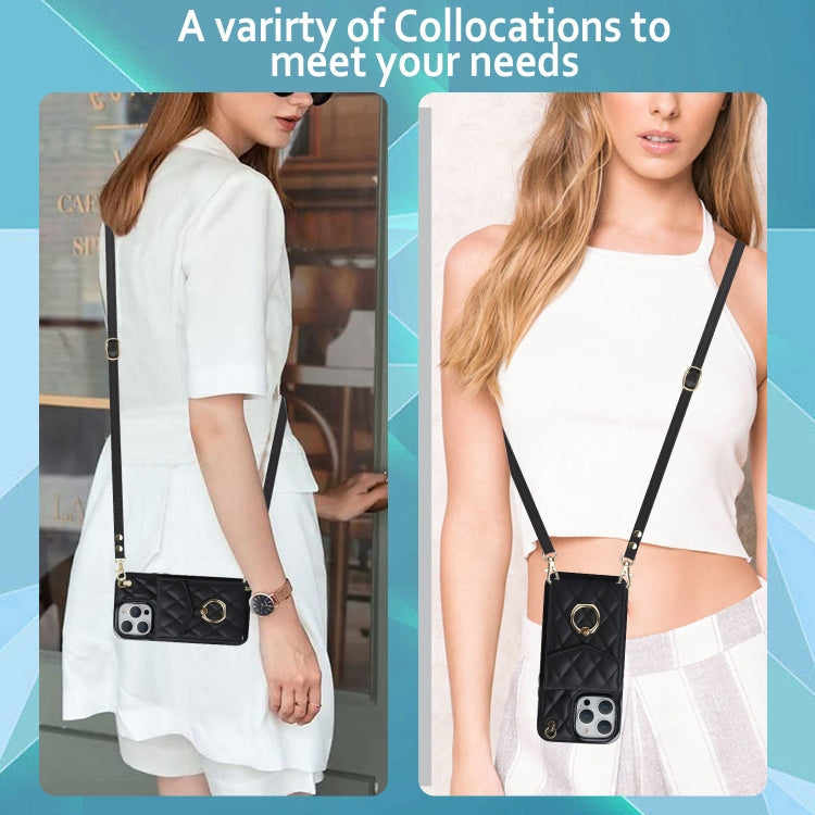 For iPhone 14 Pro Max Rhombic Texture Card Bag Phone Case with Long Lanyard(Black)