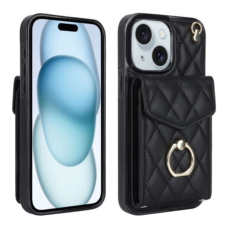 Rhombic Texture Card Bag Phone Case with Long Lanyard, For iPhone 15 Pro, For iPhone 15 Plus, For iPhone 15