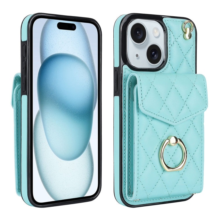 Rhombic Texture Card Bag Phone Case with Long Lanyard, For iPhone 15 Pro, For iPhone 15 Plus, For iPhone 15