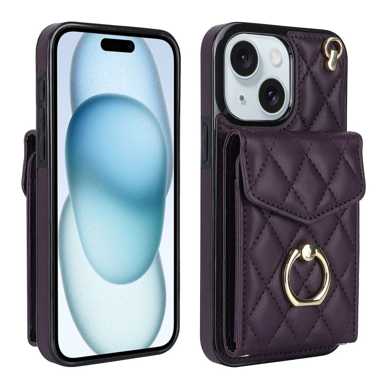 Rhombic Texture Card Bag Phone Case with Long Lanyard, For iPhone 15 Pro, For iPhone 15 Plus, For iPhone 15