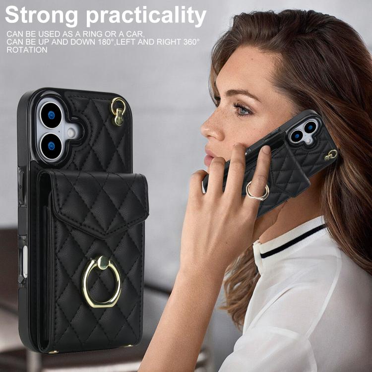 Rhombic Texture Card Bag Phone Case with Long Lanyard, For iPhone 17, For iPhone Air, For iPhone 15 Pro Max