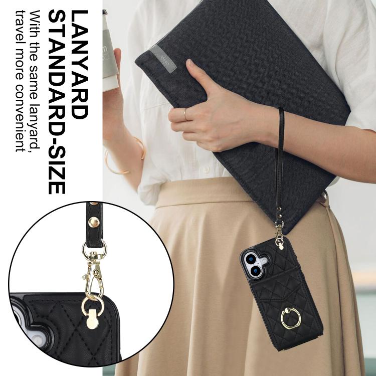 Rhombic Texture Card Bag Phone Case with Long Lanyard, For iPhone 17, For iPhone Air, For iPhone 15 Pro Max
