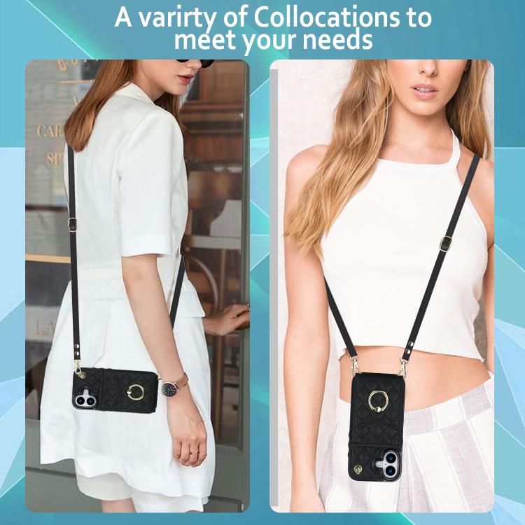 Rhombic Texture Card Bag Phone Case with Long Lanyard, For iPhone 17, For iPhone Air, For iPhone 15 Pro Max