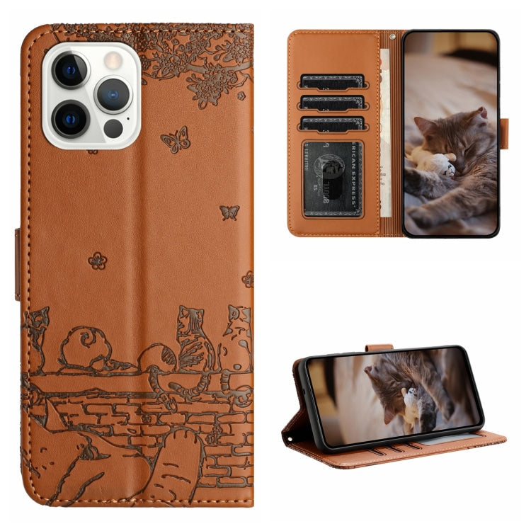 Cat Embossing Pattern Leather Phone Case with Lanyard, For iPhone 13, For iPhone 13 mini, For iPhone 12, For iPhone 12 Pro Max