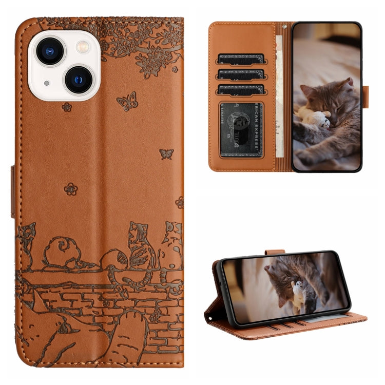 Cat Embossing Pattern Leather Phone Case with Lanyard, For iPhone 16, For iPhone 15 Pro Max, For iPhone 15 Pro, For iPhone 15 Plus