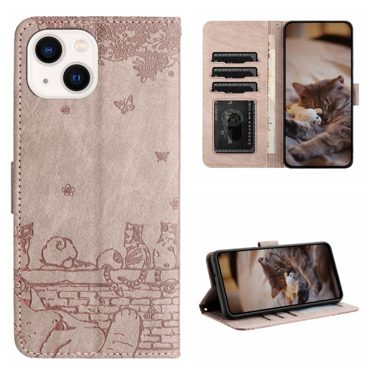 Cat Embossing Pattern Leather Phone Case with Lanyard, For iPhone 16, For iPhone 15 Pro Max, For iPhone 15 Pro, For iPhone 15 Plus