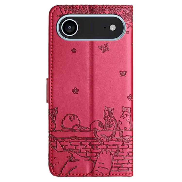 Cat Embossing Pattern Leather Phone Case with Lanyard, For iPhone Air, For iPhone 16 Pro Max, For iPhone 16 Pro, For iPhone 16 Plus