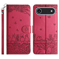 Cat Embossing Pattern Leather Phone Case with Lanyard, For iPhone Air, For iPhone 16 Pro Max, For iPhone 16 Pro, For iPhone 16 Plus