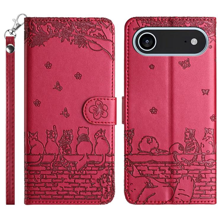 Cat Embossing Pattern Leather Phone Case with Lanyard, For iPhone Air, For iPhone 16 Pro Max, For iPhone 16 Pro, For iPhone 16 Plus