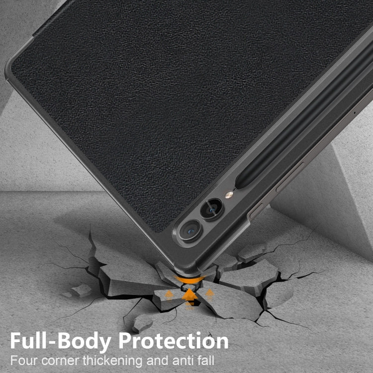 For Samsung Galaxy Tab S9+ Custer Pure Color 3-Fold Holder Smart Leather Tablet Case(Black)