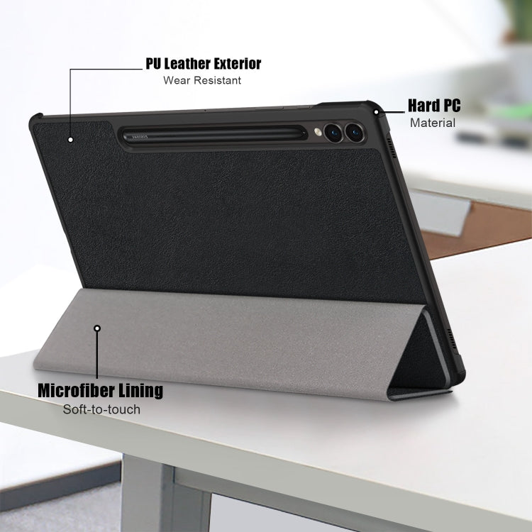 For Samsung Galaxy Tab S9+ Custer Pure Color 3-Fold Holder Smart Leather Tablet Case(Black)