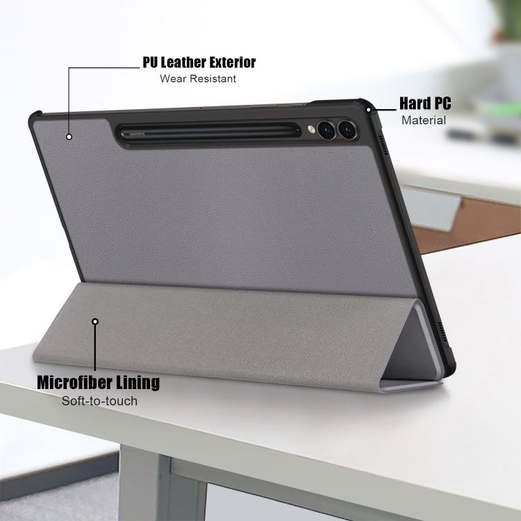 For Samsung Galaxy Tab S9+ Custer Pure Color 3-Fold Holder Smart Leather Tablet Case(Grey)