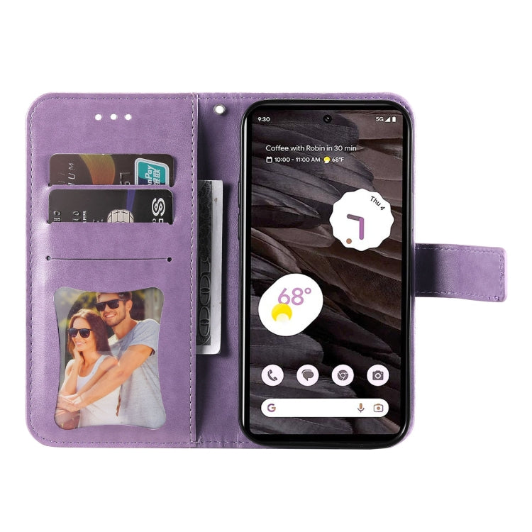 For Google Pixel 7a Seven-petal Flowers Embossing Leather Phone Case(Light Purple)