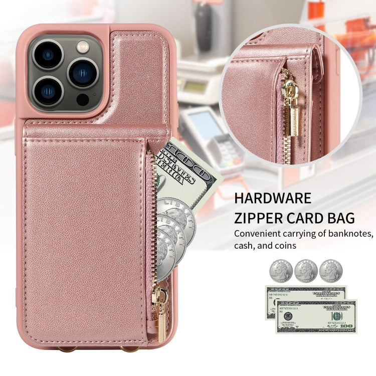 For iPhone 13 Pro Crossbody Lanyard Zipper Wallet Leather Phone Case(Rose Gold)