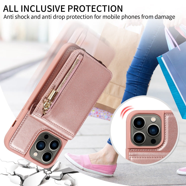 For iPhone 13 Pro Crossbody Lanyard Zipper Wallet Leather Phone Case(Rose Gold)