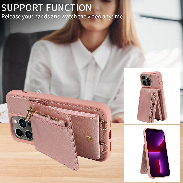 For iPhone 13 Pro Crossbody Lanyard Zipper Wallet Leather Phone Case(Rose Gold)
