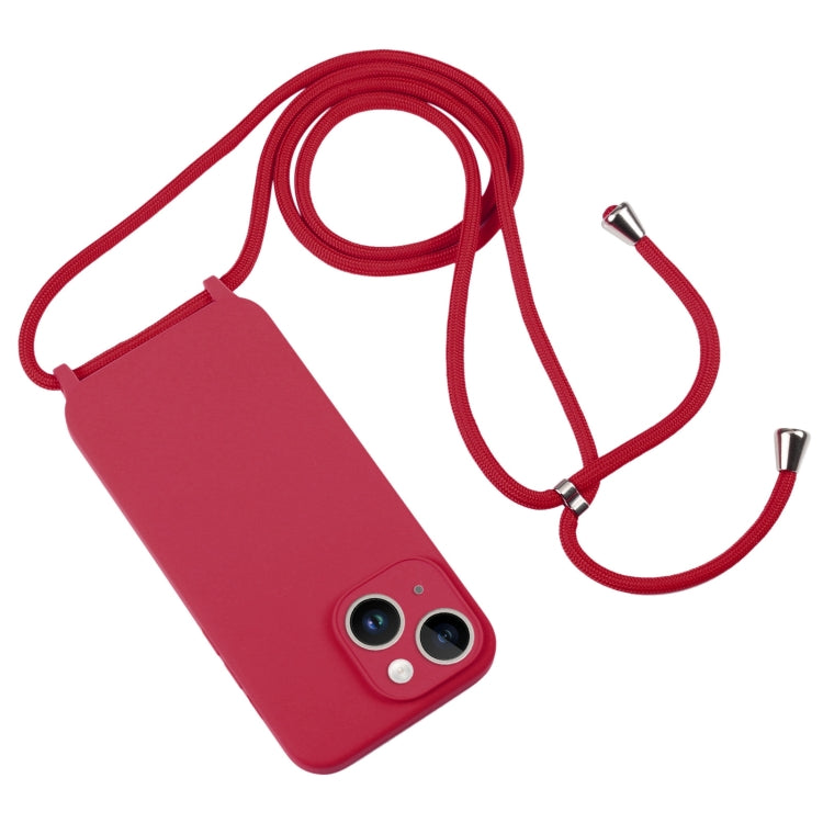 For iPhone 15 Plus Crossbody Lanyard Liquid Silicone Case(Rose Red)