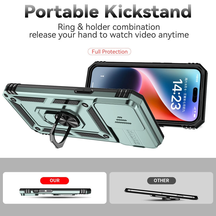 For iPhone 15 Pro Sliding Camshield Holder Phone Case(Dark Green)