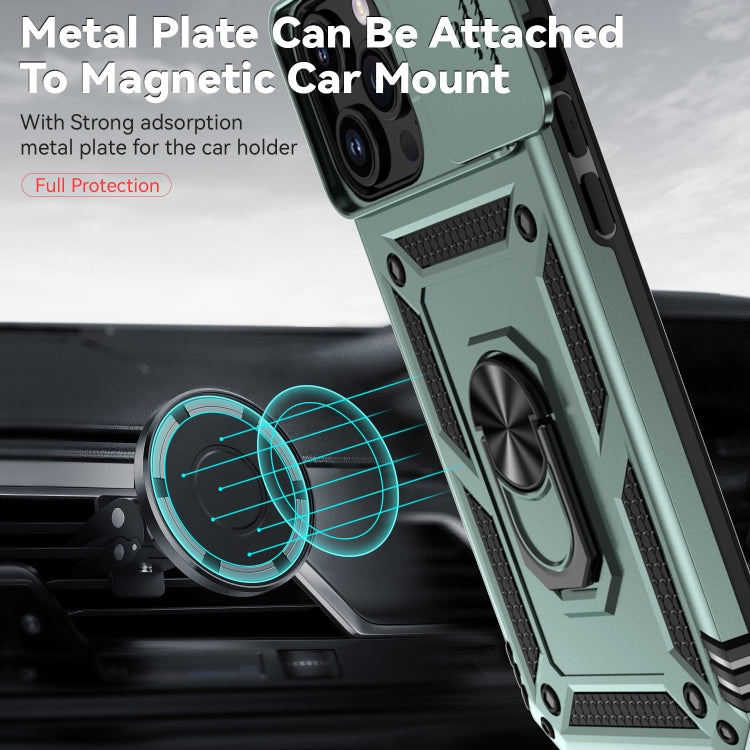 For iPhone 15 Pro Sliding Camshield Holder Phone Case(Dark Green)