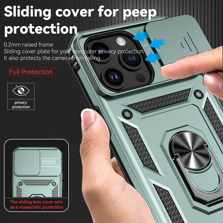 For iPhone 15 Pro Sliding Camshield Holder Phone Case(Dark Green)