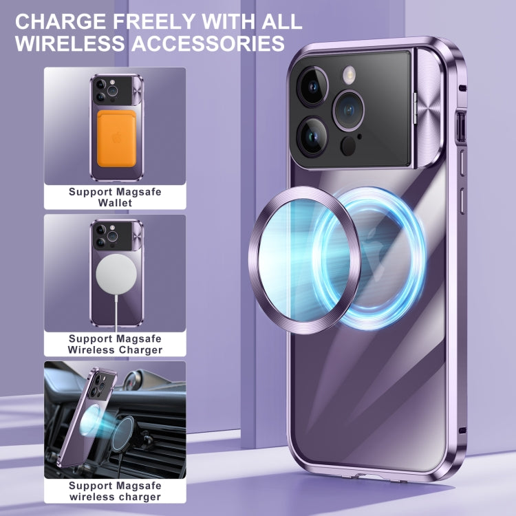 For iPhone 14 Pro Max Large Window Holder MagSafe Magnetic Metal Phone Case(Purple)