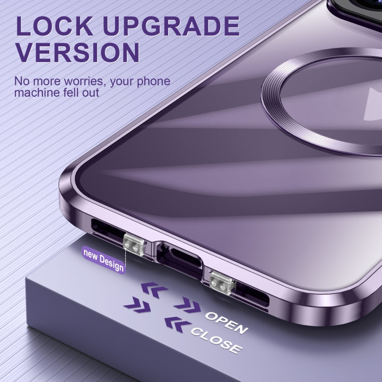 For iPhone 14 Pro Max Large Window Holder MagSafe Magnetic Metal Phone Case(Purple)