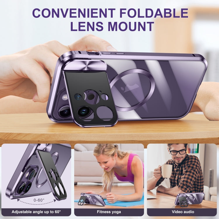 For iPhone 14 Pro Max Large Window Holder MagSafe Magnetic Metal Phone Case(Black)