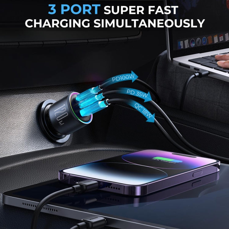 JOYROOM JR-CCN07 120W Dual PD+QC3.0 3-Port Car Charger(Dark Gray)