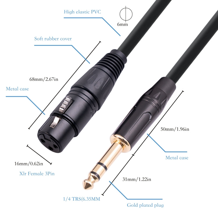 6.35mm 1/4 TRS Male to XLR 3pin Female Microphone Cable, Length:10m