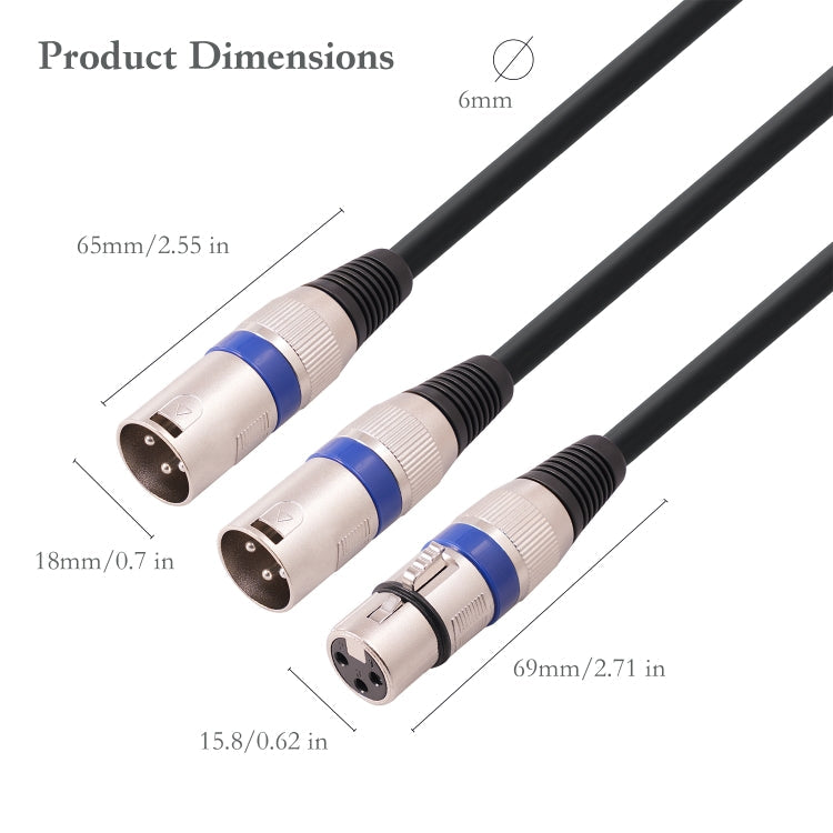 2055YMMF-05 XLR 3pin Female to Dual Male Audio Cable, Length: 50cm(Black)