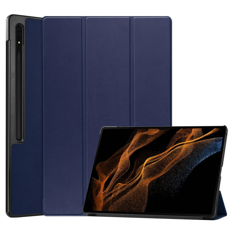 For Samsung Galaxy Tab S10 Ultra / S9 Ultra Custer Pure Color 3-Fold Holder Smart Leather Tablet Case(Dark Blue)