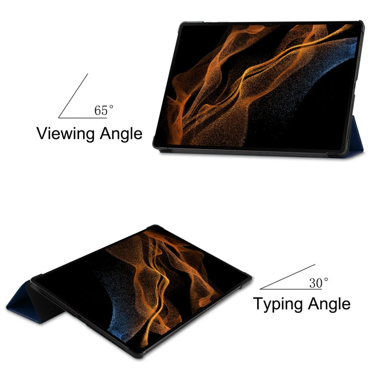 For Samsung Galaxy Tab S10 Ultra / S9 Ultra Custer Pure Color 3-Fold Holder Smart Leather Tablet Case(Dark Blue)