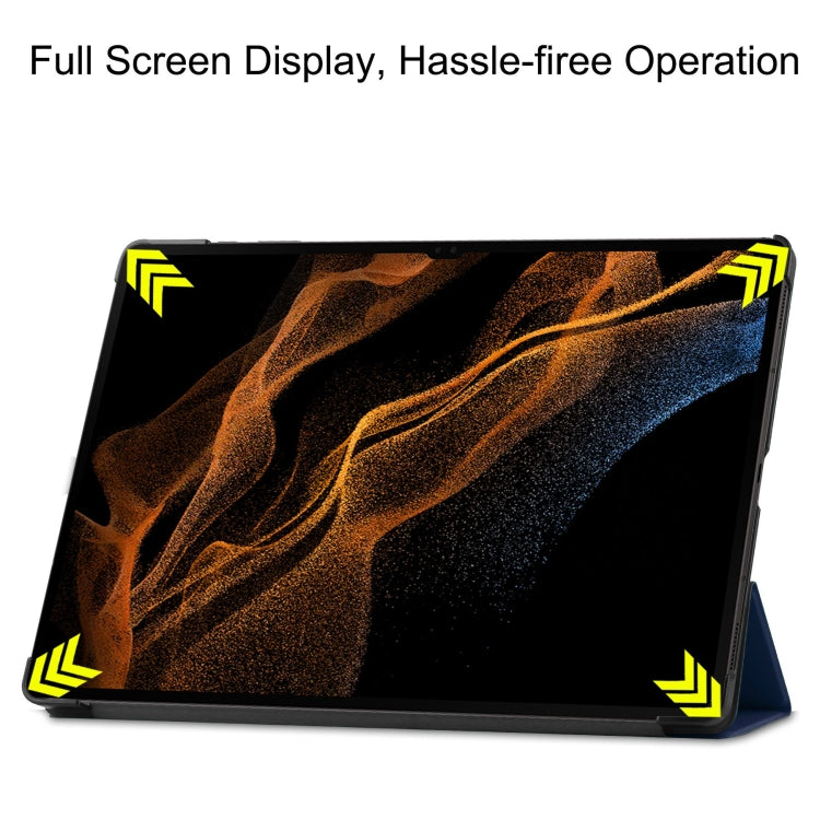 For Samsung Galaxy Tab S10 Ultra / S9 Ultra Custer Pure Color 3-Fold Holder Smart Leather Tablet Case(Dark Blue)