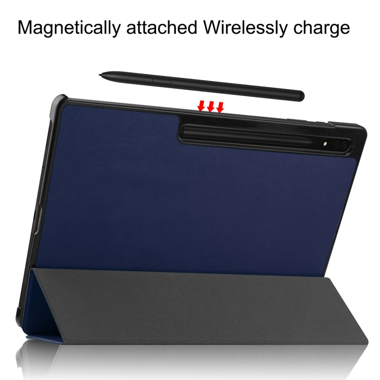 For Samsung Galaxy Tab S10 Ultra / S9 Ultra Custer Pure Color 3-Fold Holder Smart Leather Tablet Case(Dark Blue)