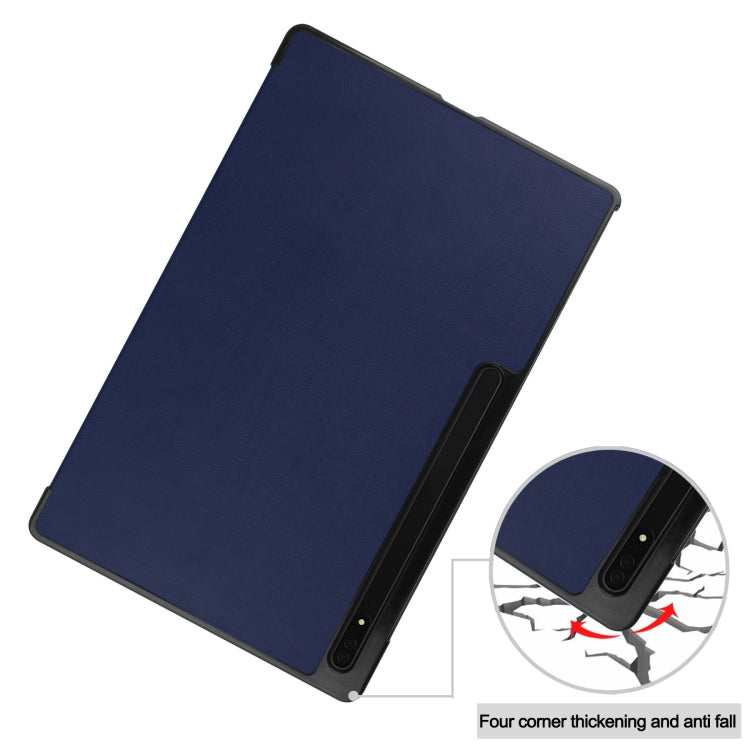 For Samsung Galaxy Tab S10 Ultra / S9 Ultra Custer Pure Color 3-Fold Holder Smart Leather Tablet Case(Dark Blue)