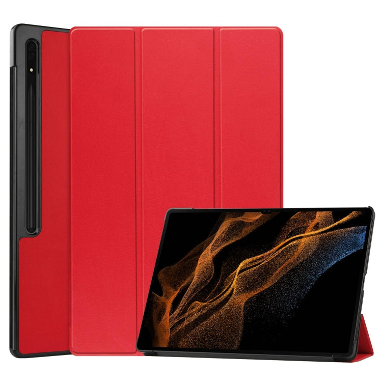 For Samsung Galaxy Tab S10 Ultra / S9 Ultra Custer Pure Color 3-Fold Holder Smart Leather Tablet Case(Red)