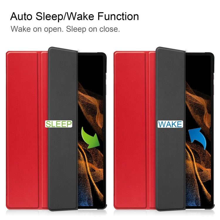 For Samsung Galaxy Tab S10 Ultra / S9 Ultra Custer Pure Color 3-Fold Holder Smart Leather Tablet Case(Red)