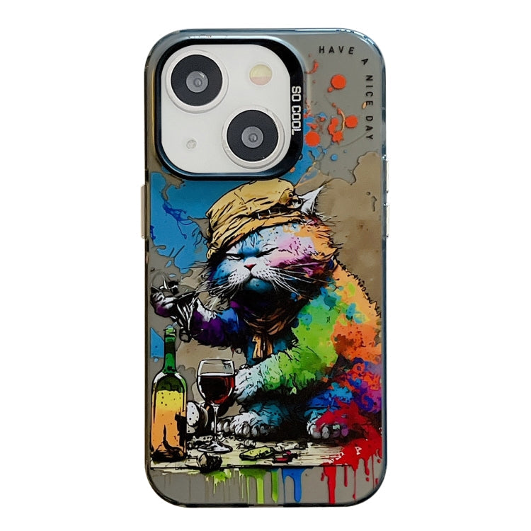 For iPhone 14 Animal Pattern Oil Painting Series PC  TPU Phone Case(Drinking Cat)