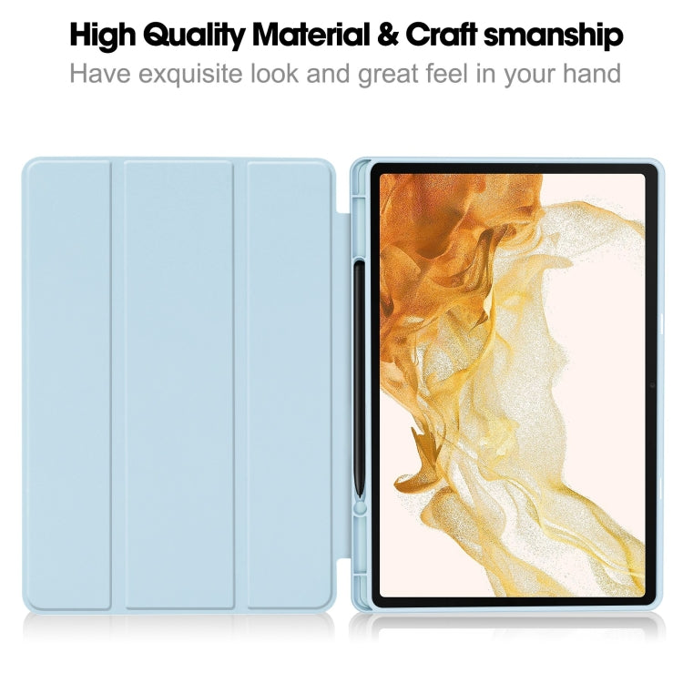 For Samsung Galaxy Tab S9+ 3-Fold Pure Color TPU Smart Leather Tablet Case with Pen Slot(Light Blue)
