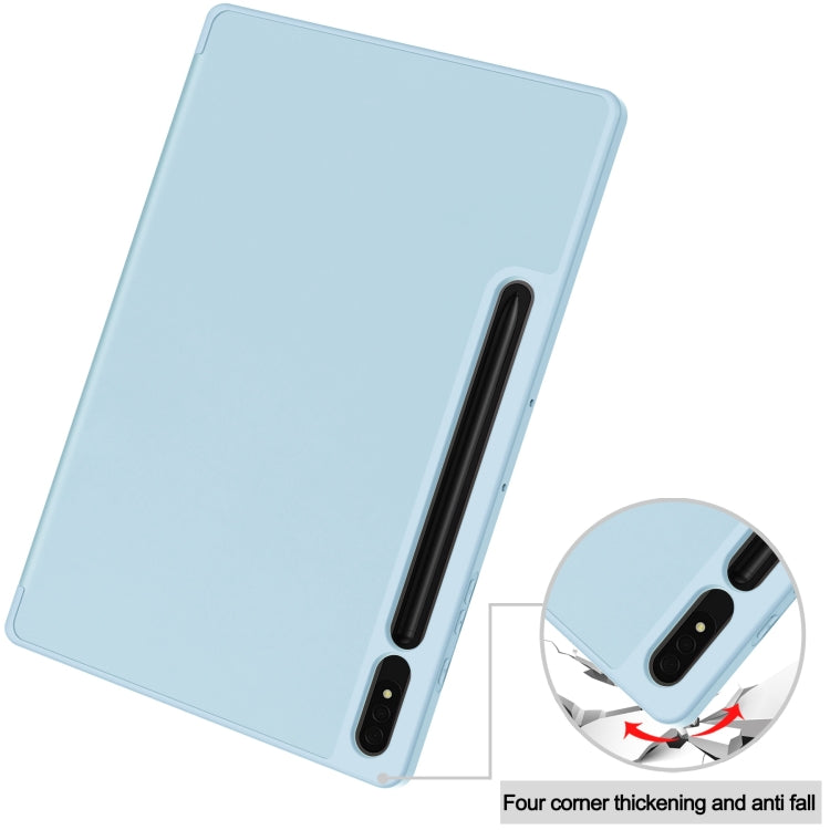 For Samsung Galaxy Tab S9+ 3-Fold Pure Color TPU Smart Leather Tablet Case with Pen Slot(Light Blue)